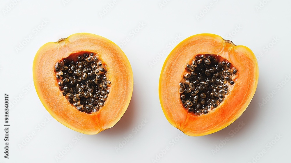 A halved papaya sits atop a white table, beside another halved papaya A halved papaya sits atop a white table, beside another halved papaya