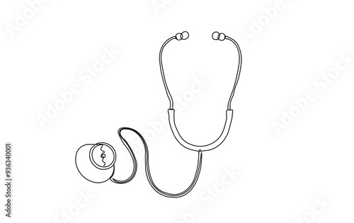 Medical tool - stethoscope in simple outline illustration. Continuous line drawing of stethoscope.