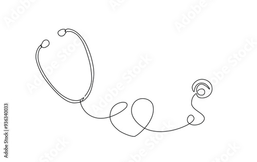 Medical tool - stethoscope in simple outline illustration. Continuous line drawing of stethoscope.