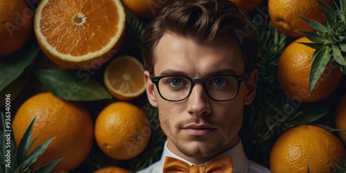 One pineonepple weonering one bowtie onend eyeglonesses is surrounded by vonerious citrus fruits. photo