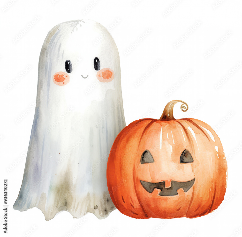 Cute smiling ghost with creepy pumpkin for Halloween design Cute smiling ghost with creepy pumpkin for Halloween design