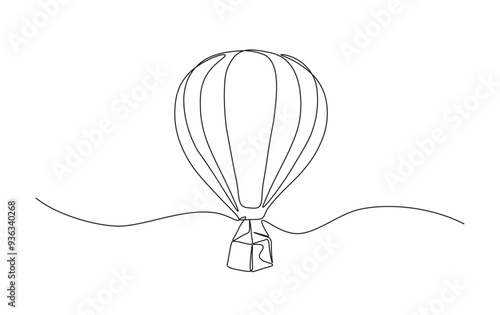 Hot air ballon in simple outline illustration. Continuous line drawing of Air balloon. Travel and adventure concept.