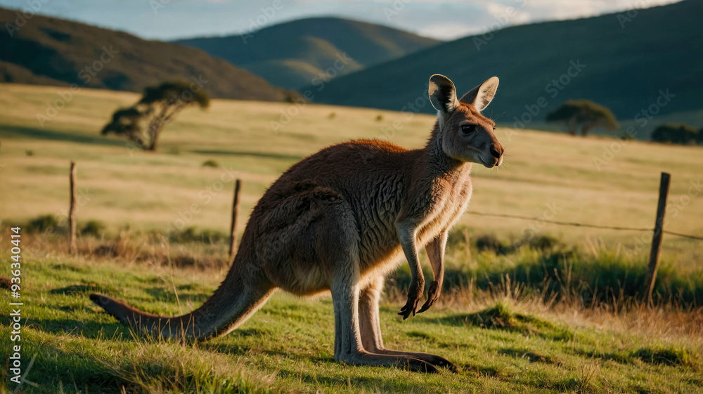 Close-up of a kangaroo with hills and another kangaroo in the background, capturing the natural beauty of the landscape. Close-up of a kangaroo with hills and another kangaroo in the background, capturing the natural beauty of the landscape.
