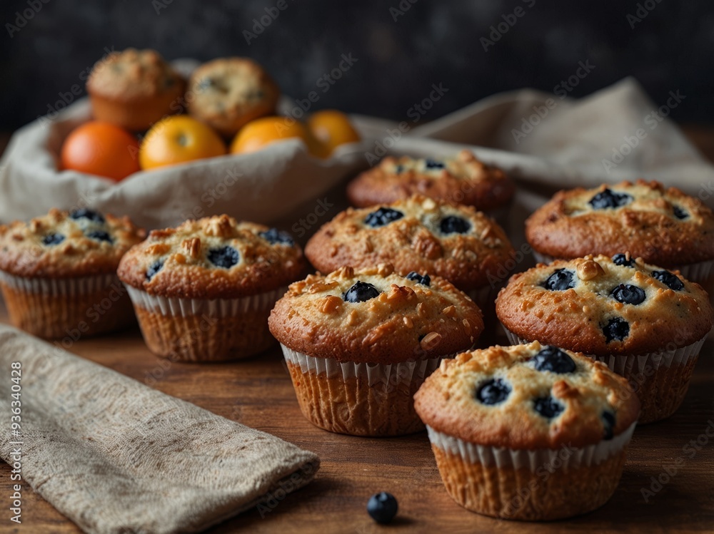 A basket of organic muffins in a range of flavors such as blueberry banana nut and cranberry orange. A basket of organic muffins in a range of flavors such as blueberry banana nut and cranberry orange.