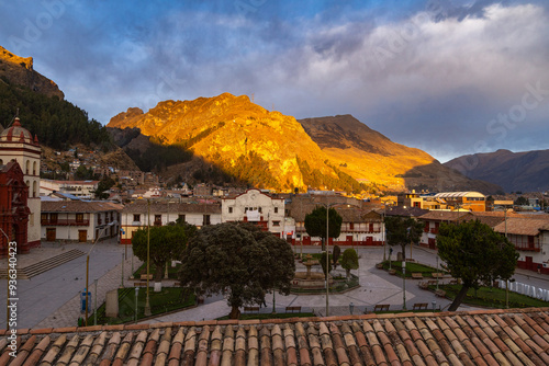 Beautiful sunrise in the main square of Huancavelica photo