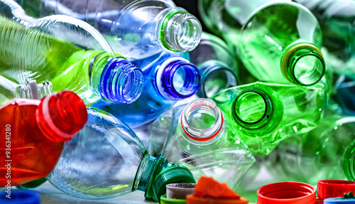 Empty colored drink bottles. Recyclable plastic waste photo