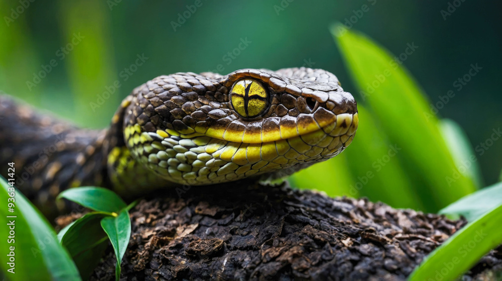 A close-up of a brightly colored pit viper with vivid orange eyes A close-up of a brightly colored pit viper with vivid orange eyes