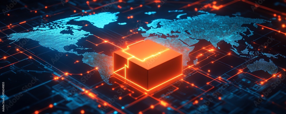 Fototapeta premium Futuristic digital world featuring a glowing package icon, representing shipping and technology, against a global map backdrop.