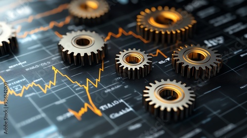 Metal gears on a financial chart background depicting market analysis and mechanical processes in business operations.