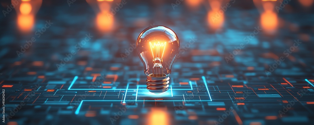 A glowing light bulb on a digital circuit background symbolizes innovation and creativity in technology. A glowing light bulb on a digital circuit background symbolizes innovation and creativity in technology.
