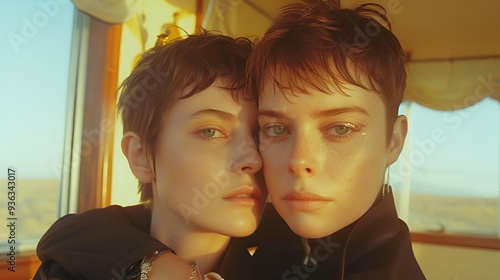 LGBT, intimacy,  young women, outdoor, warm sunlight, lens flare, relaxation, natural light, fashion, close-up, tenderness