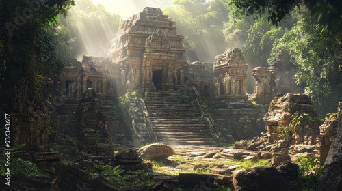 Majestic Remnants of Lost Civilizations: Mystical Ancient Ruins Amid Lush Greenery and Hieroglyphs photo