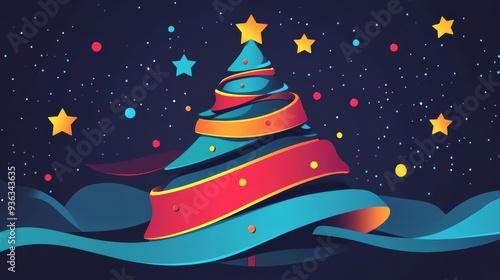 Abstract ribbonlike lines wrapping around a Christmas tree, modern holiday concept, flat design illustration photo