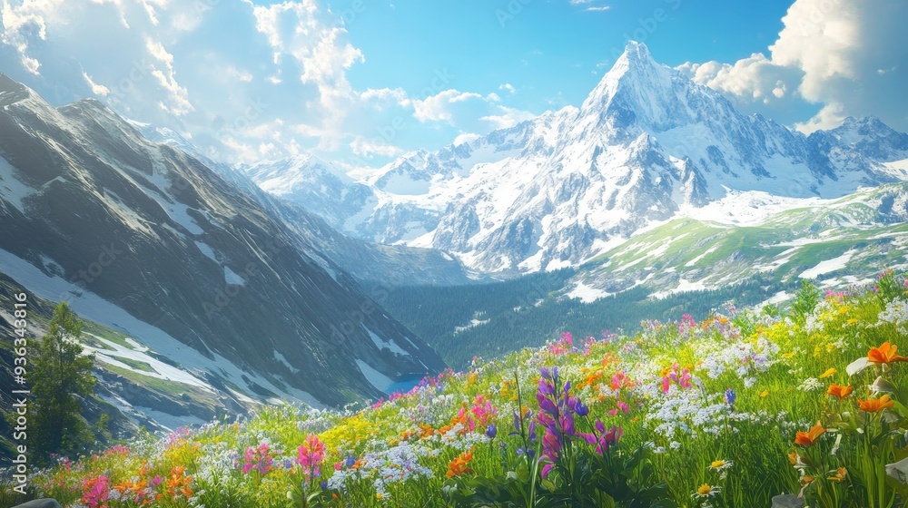 Fototapeta premium Alpine Majesty: Serene Snow-Covered Peaks and Crystal-clear Lakes in Untouched Wilderness