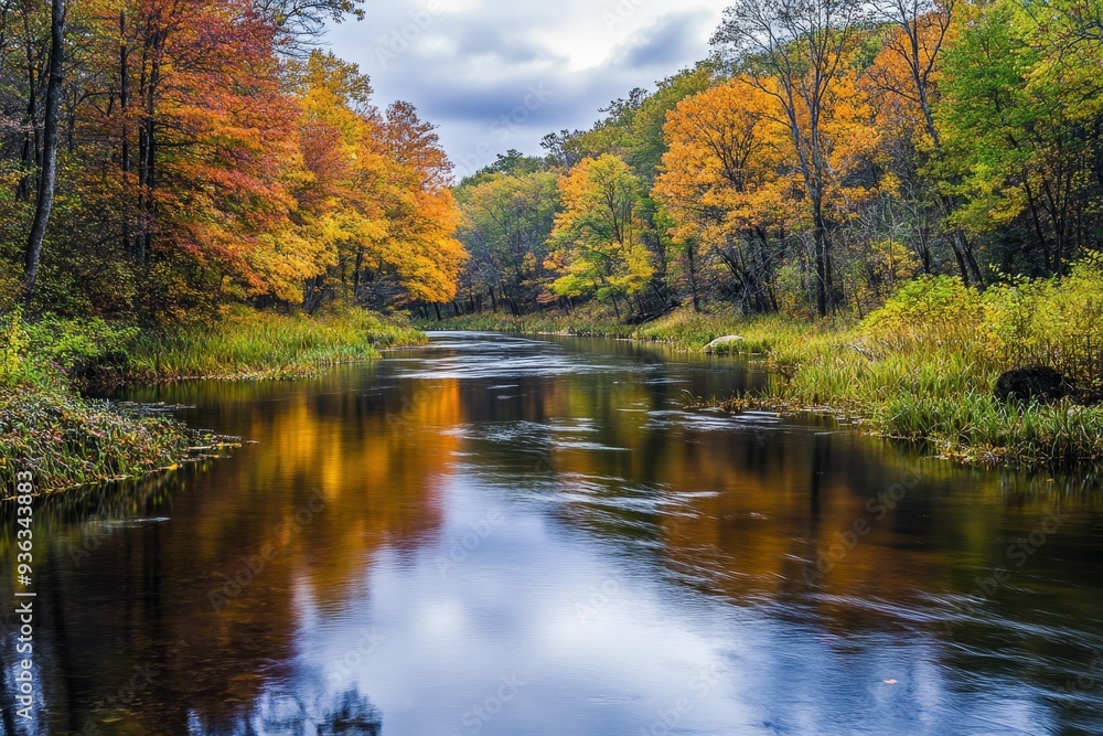 Serene Wilderness Escape, Captivating River Landscape with Crystalline Waters and Verdant Banks. Serene Wilderness Escape, Captivating River Landscape with Crystalline Waters and Verdant Banks.