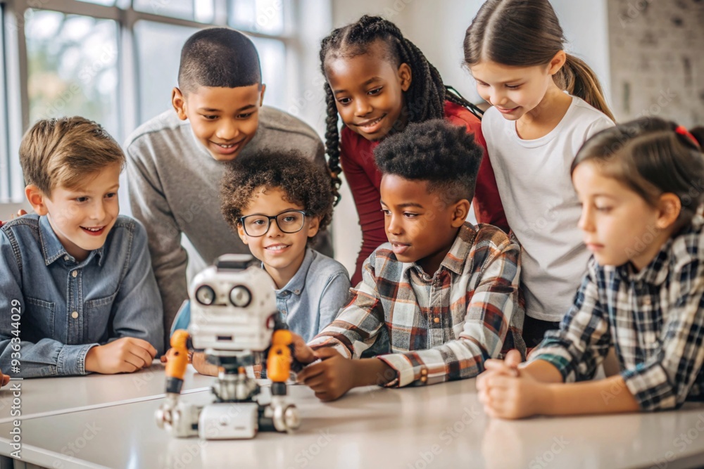 Young Students Engage in Robotics Learning. A group of enthusiastic children, ranging from diverse ethnic backgrounds, gather around a table in a classroom setting. 