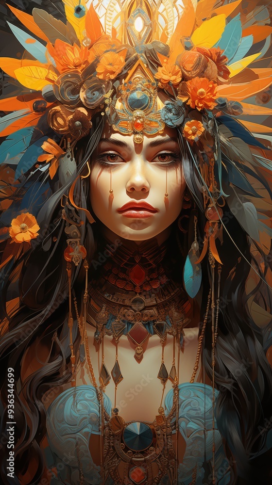 A stunning bohemian portrait of a woman adorned with a vibrant headdress made of feathers and flowers. Her intricate jewelry and detailed makeup. A stunning bohemian portrait of a woman adorned with a vibrant headdress made of feathers and flowers. Her intricate jewelry and detailed makeup.