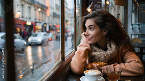 A girl looking out the window of a Paris cafÃ©, with a cup of coffee and a croissant in front of her photo