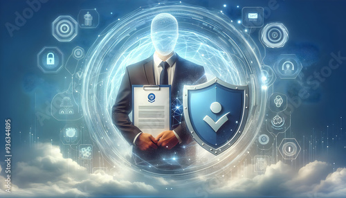 Photo Realistic as Data Protection Officer with Data Shield and Certificate concept as An image of a data protection officer with a data shield and certificate set against a dreamy background offering photo