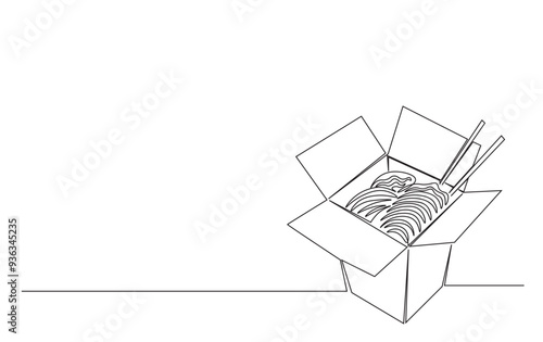 Continuous line drawing of Ramen Noodles in paper box. Noodles simple outline illustration.
