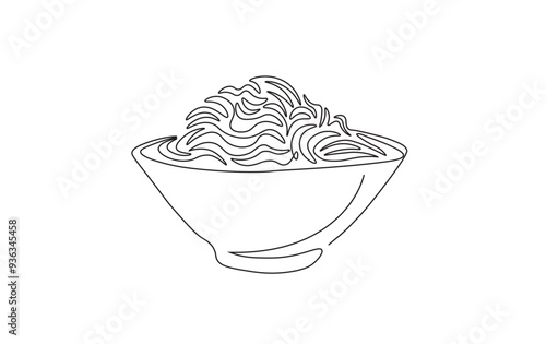 Continuous line drawing of noodles in the bowl. Ramen noodles in simple outline illustration.