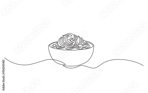 Continuous line drawing of noodles in the bowl. Ramen noodles in simple outline illustration.