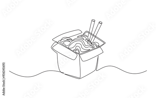 Continuous line drawing of Ramen Noodles in paper box. Noodles simple outline illustration.