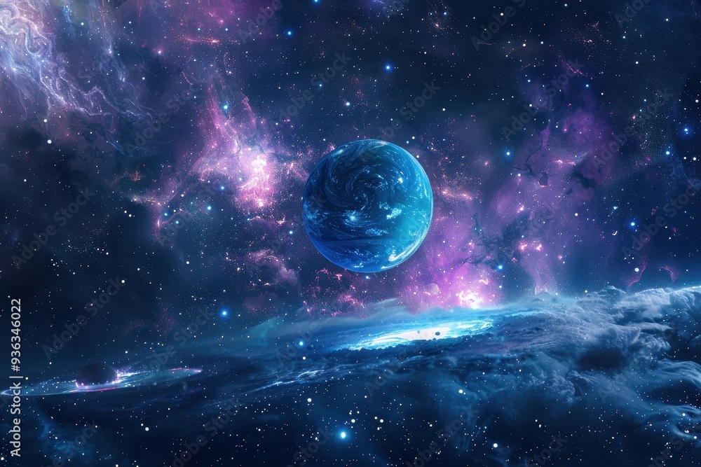Obraz premium Breathtaking view of a distant, blue-hued planet set against a backdrop of swirling nebulas and a sea of stars.