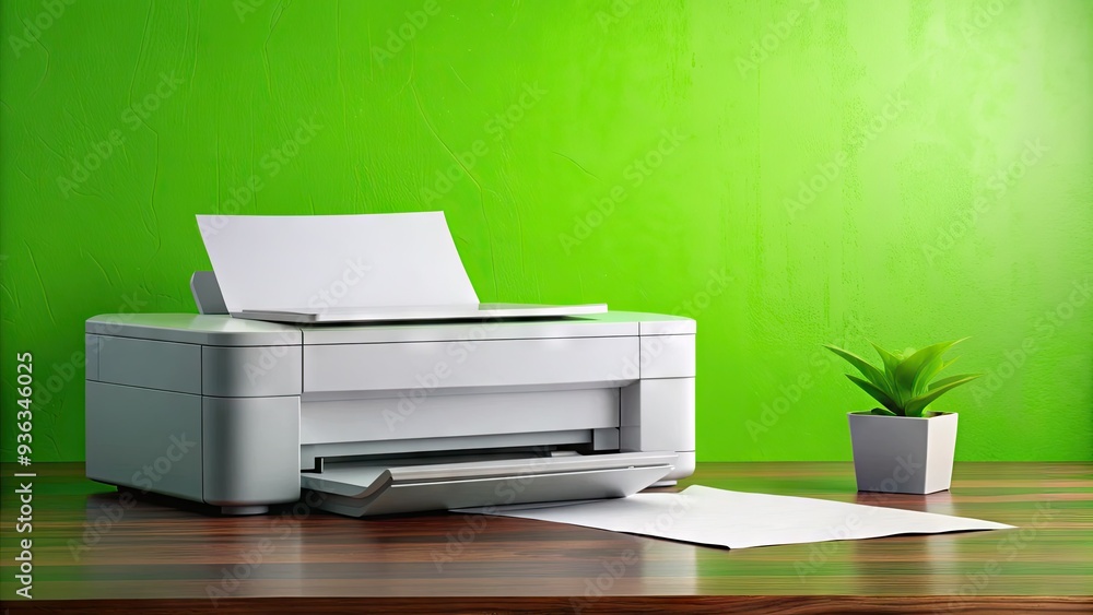 A sleek, high-tech printer sits on a vibrant green background, surrounded by a fresh stack of white paper, awaiting its next printing task with modern efficiency. A sleek, high-tech printer sits on a vibrant green background, surrounded by a fresh stack of white paper, awaiting its next printing task with modern efficiency.