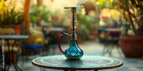 Blue Glass Hookah with Silver Top on Round Table