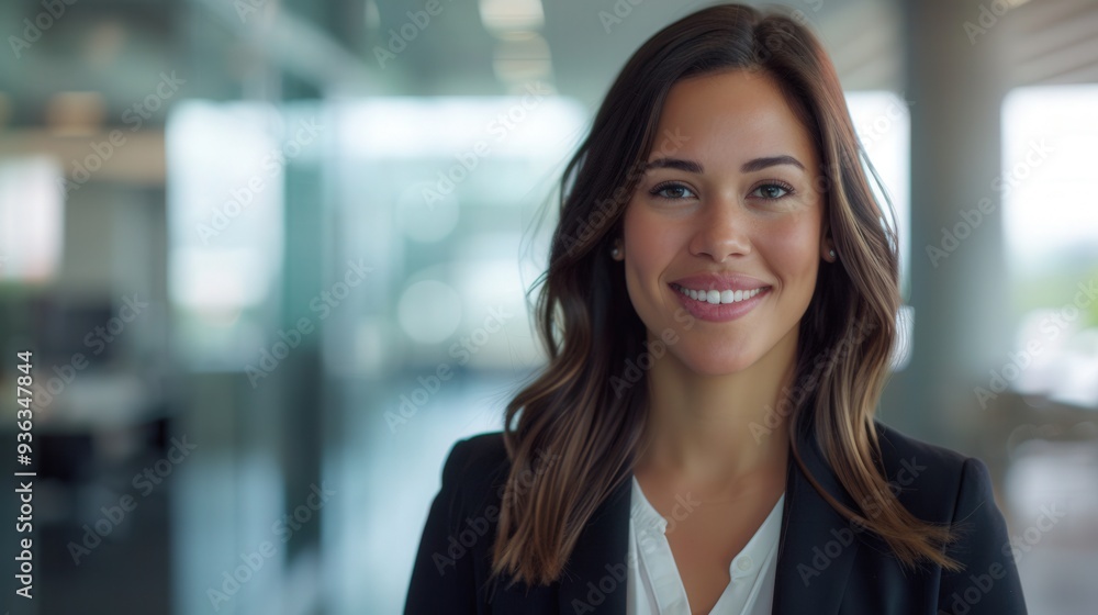 Naklejka premium Confident Professional Woman in Modern Office, a poised woman dressed in business attire, radiating confidence and warmth, set against a sleek contemporary office environment.