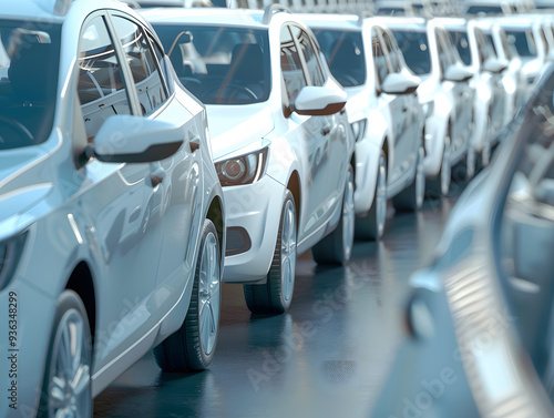 Rows of new white cars at the factory. Neural network AI generated art