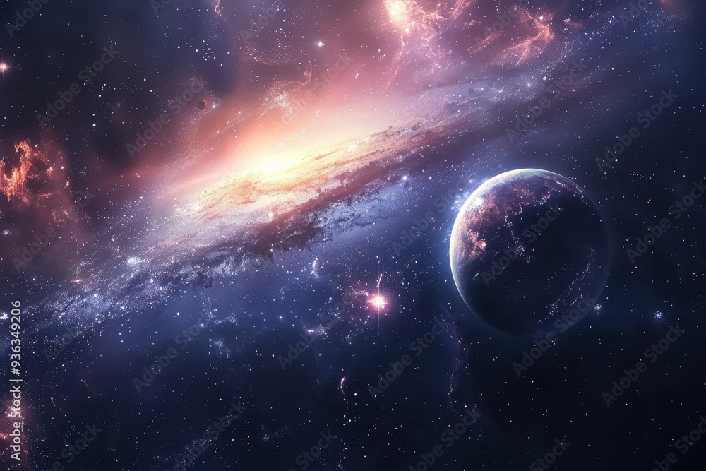 Colorful Space Galaxy with Glowing Stars and a Distant Planet Colorful Space Galaxy with Glowing Stars and a Distant Planet