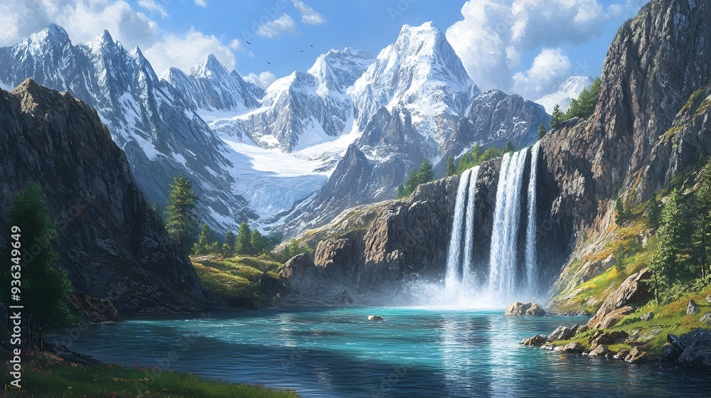 Majestic Mountain Waterfall Cascading Through Rugged Granite Cliffs and Lush Alpine Meadows Majestic Mountain Waterfall Cascading Through Rugged Granite Cliffs and Lush Alpine Meadows