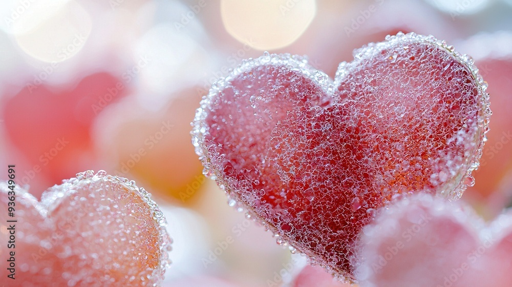 Fototapeta premium A focused image of a heart-shaped item amidst a hazy picture of pink blossoms and foliage