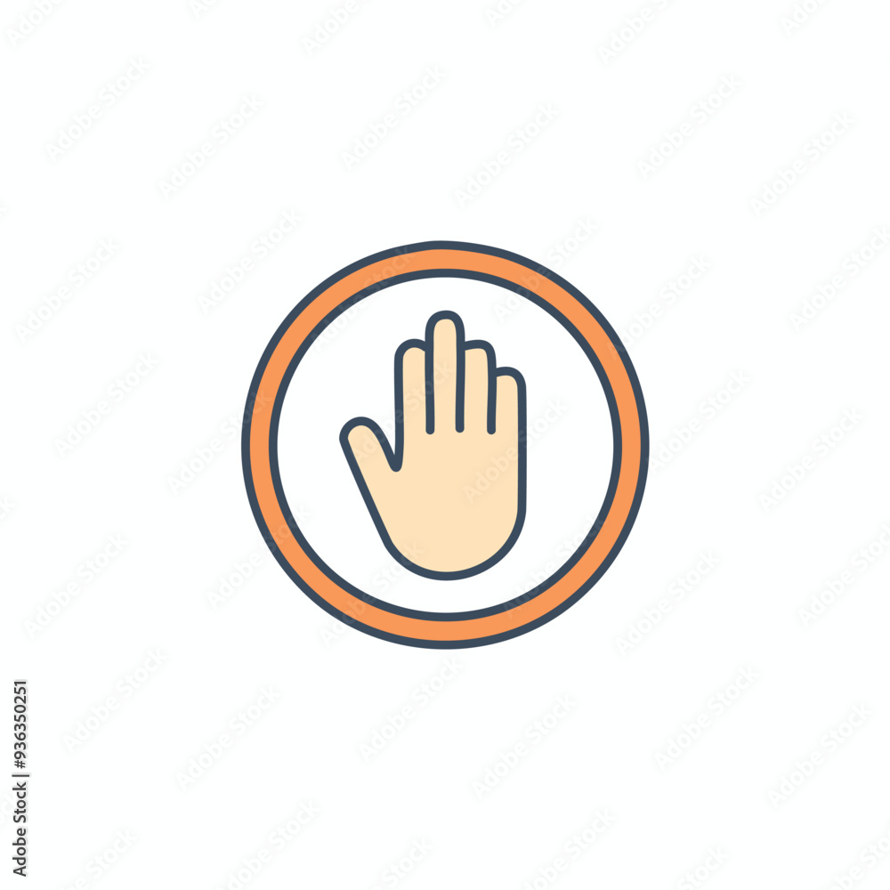 Stop sign hand icon. An orange circle with a blue outline containing a hand with all fingers extended, representing a stop sign. Stop sign hand icon. An orange circle with a blue outline containing a hand with all fingers extended, representing a stop sign.