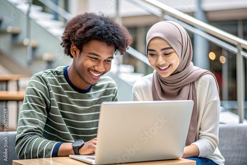 Collaboration and Technology - Two Friends Working Together. A diverse pair of friends, one wearing a hijab, are happily working together on a laptop in a modern cafe setting. 