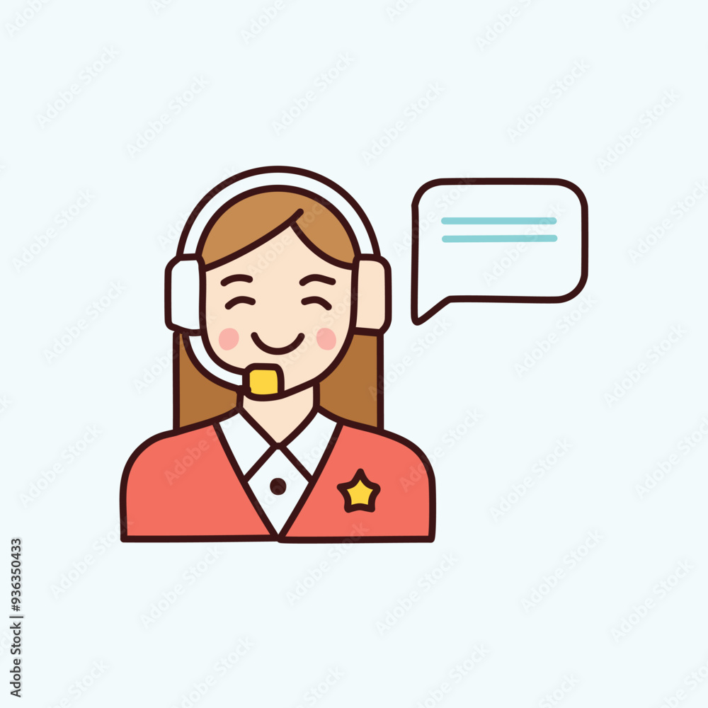 Happy customer service representative with headset and speech bubble. Illustration of a smiling woman wearing a headset and a red shirt, communicating with a speech bubble. Happy customer service representative with headset and speech bubble. Illustration of a smiling woman wearing a headset and a red shirt, communicating with a speech bubble.