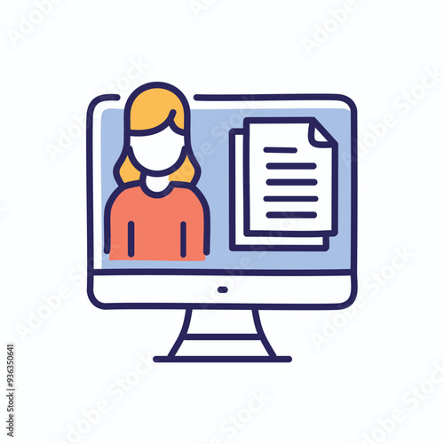 Online profile with document icon. Illustration of a computer screen with a female user profile and a document icon.