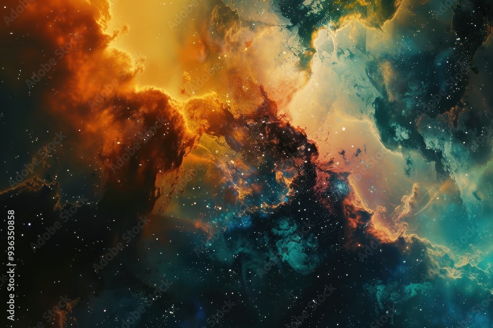 Fototapeta premium Colorful and detailed image of a nebula in deep space with bright stars and dust formations