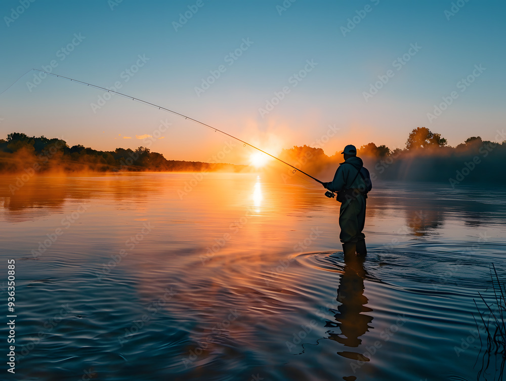 A man fisherman catches fish with a fishing rod in the river at dawn. Neural network AI generated art A man fisherman catches fish with a fishing rod in the river at dawn. Neural network AI generated art