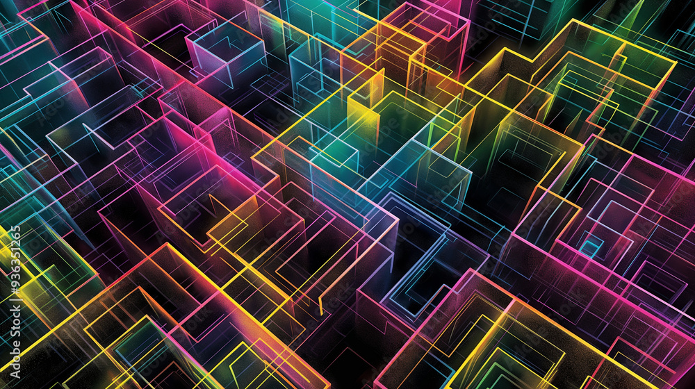 Obraz premium A digital art piece featuring an intricate maze pattern in vibrant neon colors, symbolizing the complexity of AI brain paints with dynamic lines and forms.
