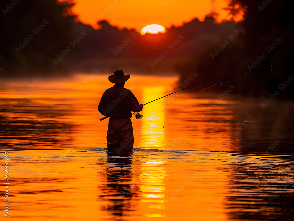 A man fisherman catches fish with a fishing rod in the river at dawn. Neural network AI generated art A man fisherman catches fish with a fishing rod in the river at dawn. Neural network AI generated art