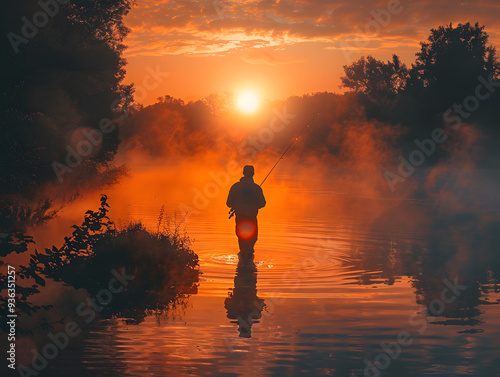 A man fisherman catches fish with a fishing rod in the river at dawn. Neural network AI generated art