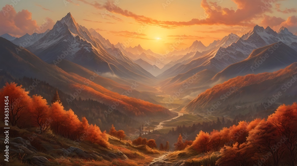 A painting of the early morning at dawn, the sun behind the mountains, the sun's light shines with red-orange colors creating an unforgettable landscape scene A painting of the early morning at dawn, the sun behind the mountains, the sun's light shines with red-orange colors creating an unforgettable landscape scene