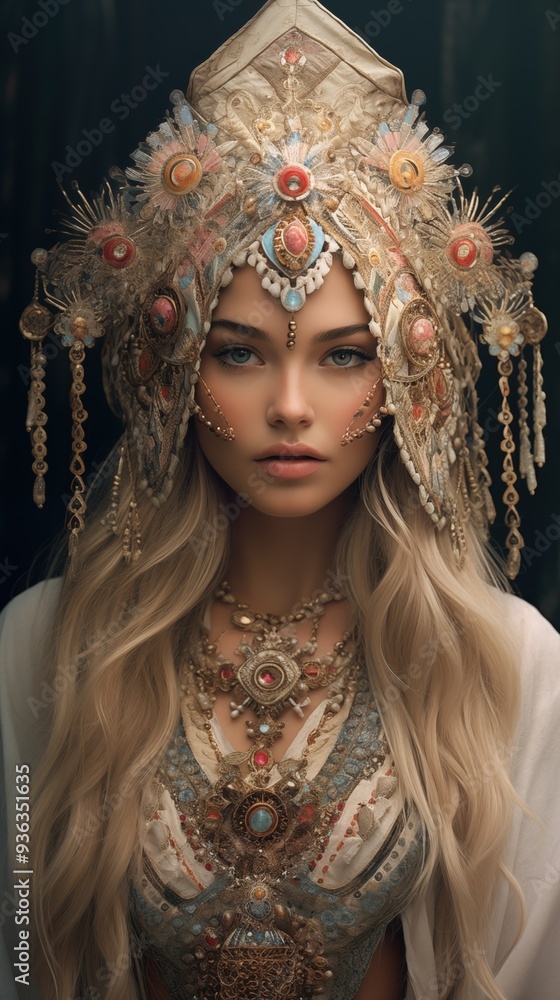 A portrait of a bohemian woman adorned in an elaborate, ornate headdress and intricate jewelry. Her long, flowing hair complements the detailed patterns and colors. A portrait of a bohemian woman adorned in an elaborate, ornate headdress and intricate jewelry. Her long, flowing hair complements the detailed patterns and colors.
