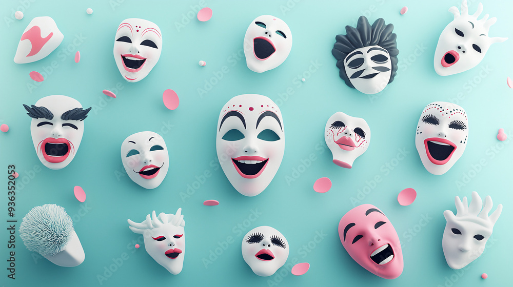Naklejka premium Collection of colorful, expressive masks against a turquoise background