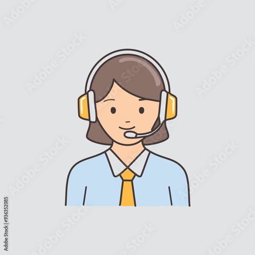 Friendly female customer service representative icon. Cartoon illustration of a smiling woman wearing a headset and a tie. Perfect for customer service, support, and help desk themes.