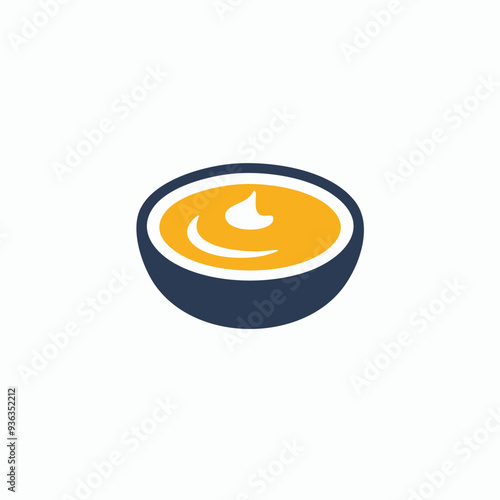 Bowl of yellow soup with drizzle. A simple, minimalist illustration of a bowl of yellow soup with a drizzle on top. The bowl is dark blue, and the soup is a vibrant yellow.