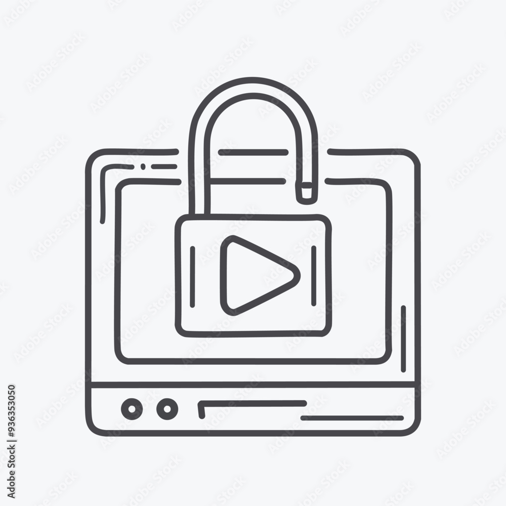 Secure video streaming illustration. Hand drawn line art illustration of a secure video streaming platform, symbolized by a padlock on a screen with a play button. Secure video streaming illustration. Hand drawn line art illustration of a secure video streaming platform, symbolized by a padlock on a screen with a play button.
